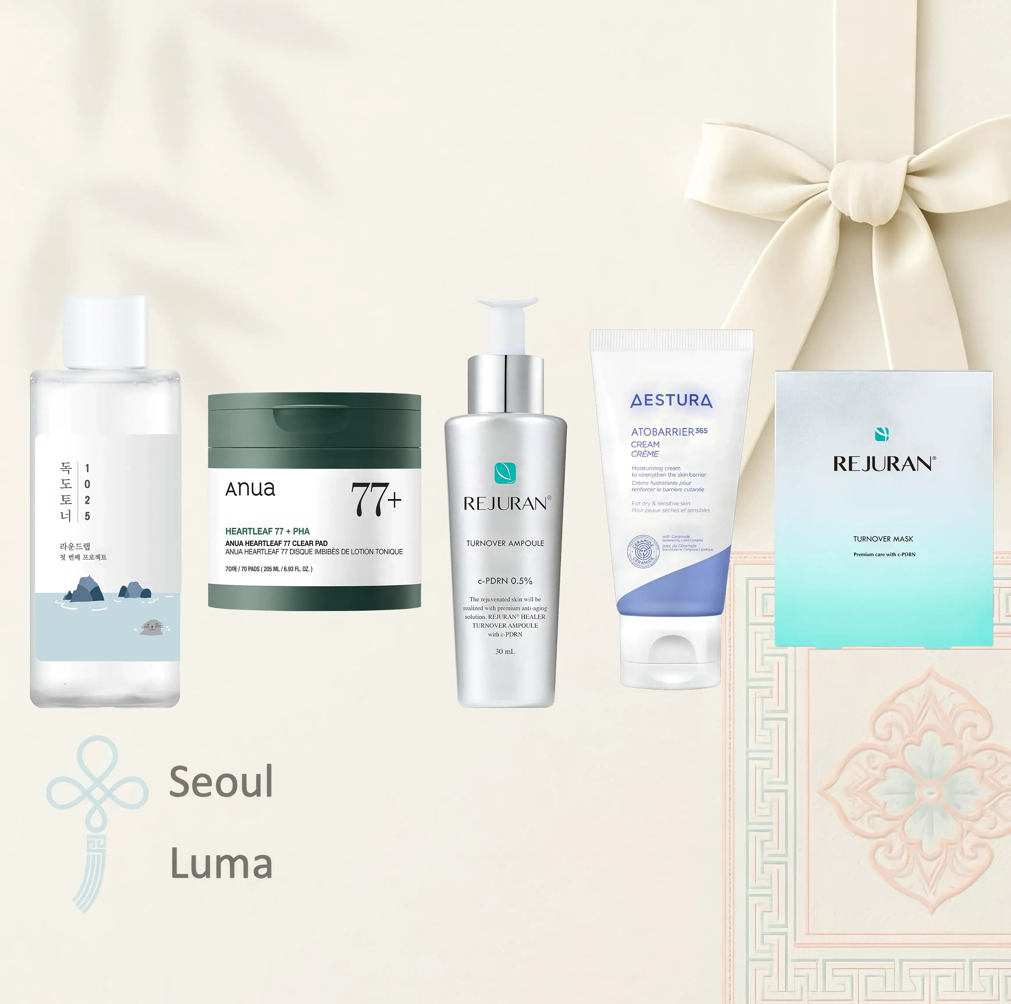 5-Step Skin Texture Refining routine featuring Round Lab 1025 Dokdo Toner, Anua Heartleaf 77 Clear Pad, Rejuran Turnover Ampoule, Aestura ATOBARRIER365 Cream, and Rejuran Turnover Mask for comprehensive texture refinement and skin renewal.